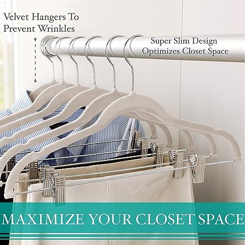 Simplify 60 Pack Velvet Hangers with Clips | Skirt and Pants | Slim Space Saving | Closet Organization | Non-Slip | Prevent Creases | Swivel Neck | Durable | Ivory