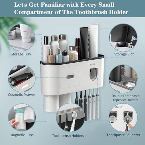 Toothbrush Holders Wall Mounted, Toothbrush Holder with Automatic Toothpaste Dispensers, 6 Brush Slots, 2 Magnetic Cups,