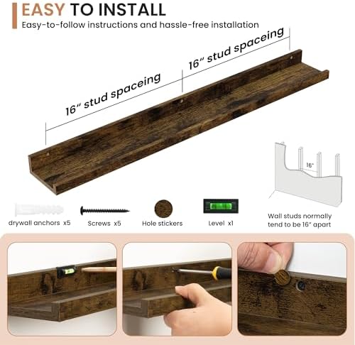 Dreamland Picture Ledge Shelf for Wall, Floating Shelves Set of 2,36 inch Long Floating Shelves with Lip for Living Room,Bedroom,Bathroom,Kitchen,Rustic Brown