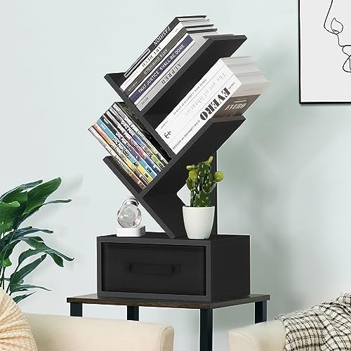 SHEEPAM 4-Tier Tree Bookshelf Small Bookcase with Drawer