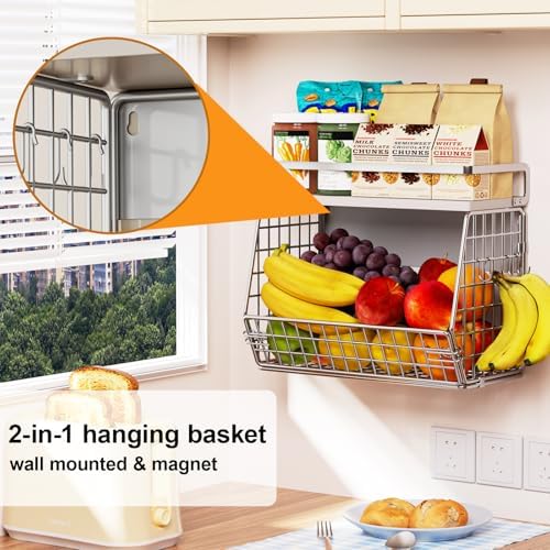Fruit Basket 2 IN 1 Magnetic & Hanging Wall Produce Basket for Potato Onion Fruit and Vegetable Storage,Magnetic Spice R