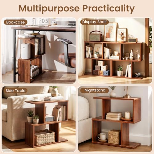 GIANTEX 3-Tier Wood S-Shaped Geometric Bookshelf Set of 2, Walnut