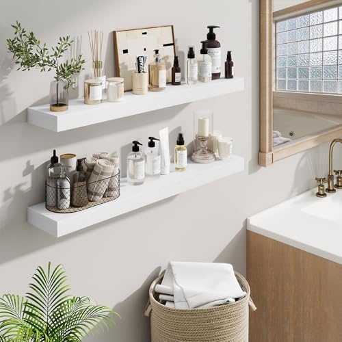 Fun Memories Floating Shelves for Room Wall, 36 Inch Long Shelf Set of 2， Hanging Wood Shelves for Storage & Display, Wh