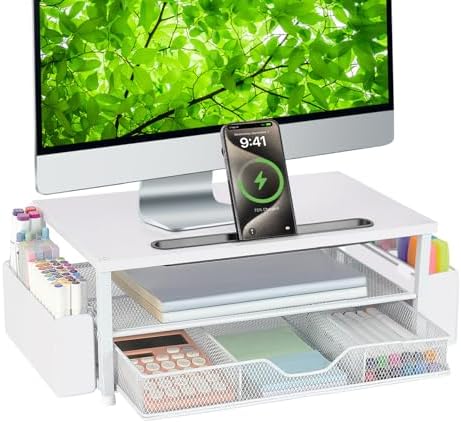 AUPSEN White Monitor Stand Riser, 2-Tier Wood Computer Desk Organizer with Drawer, Pen Storage & Phone Holder, Office De