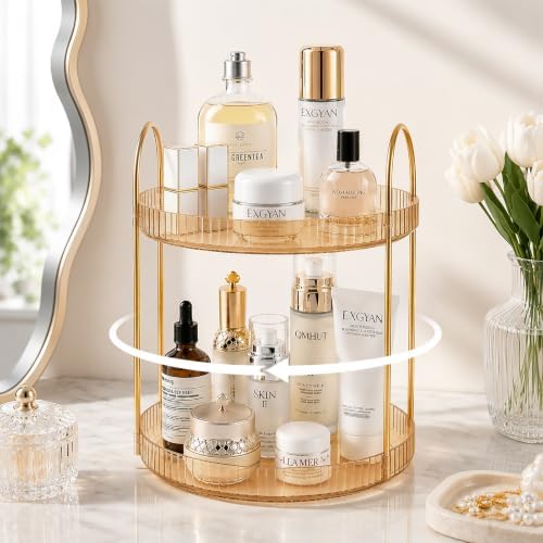 360° Rotating Makeup Organizer Large Capacity Perfume Tray, 2 Tier, Gold