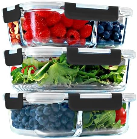 Glass Meal Prep Containers 1 & 2 & 3 Compartments, Airtight, 35 oz, 3 Pack
