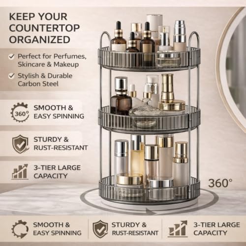 360° Rotating Makeup Organizer, 3 Tier Spinning Cosmetic Organizer for Vanity & Bathroom Countertop, Holds Tall Skincare