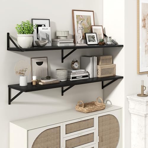 Marsmiles Deep Floating Shelves, 48'' x 12'' Black Wood Shelves Set of 2