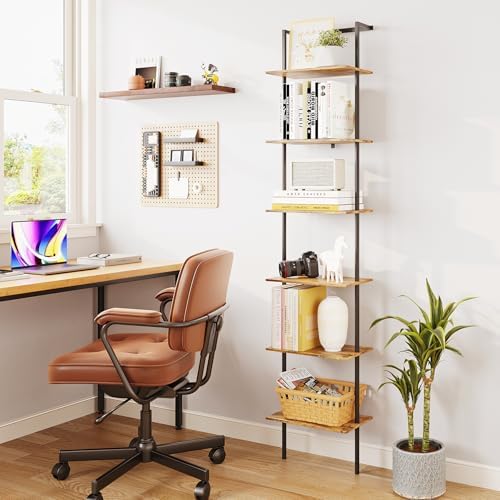 6-Tier Wall Mounted Ladder Shelf, Rustic Brown, 77" H
