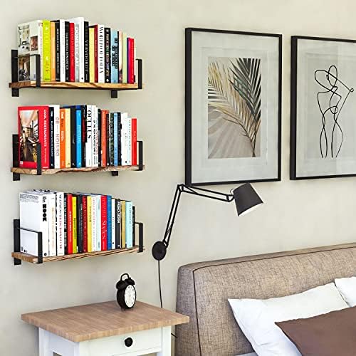 Wallniture Toledo Floating Shelves for Living Room Decor, Floating Bookshelf Set of 3, Burned Finish Rustic Wood Wall Sh