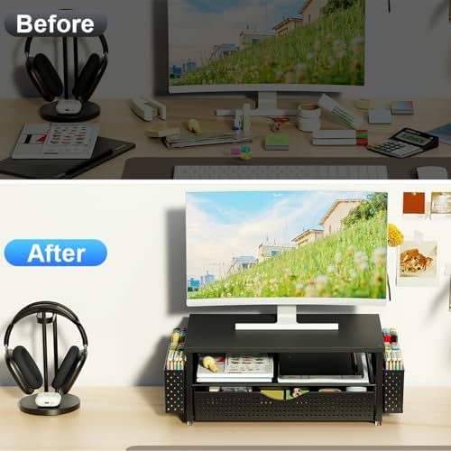 Spacrea Computer Monitor Stand with Drawer and 2 Pen Holders, Black