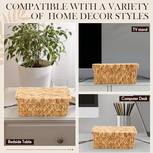 Patelai 2 Pack Scalloped Cable Management Box Water Hyacinth, Natural Color