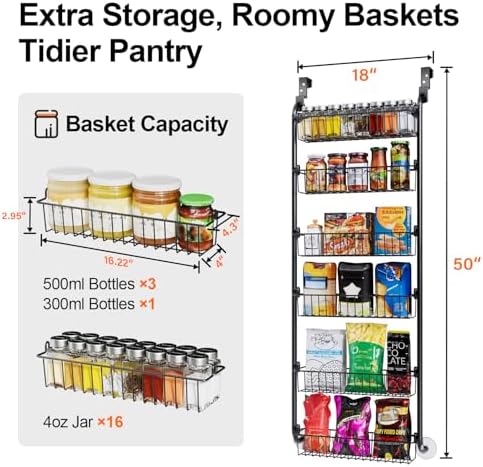 Delamu Over the Door Pantry Organizer, 6-Tier Metal Pantry Door Organization and Storage, Hanging Kitchen Basket Spice R