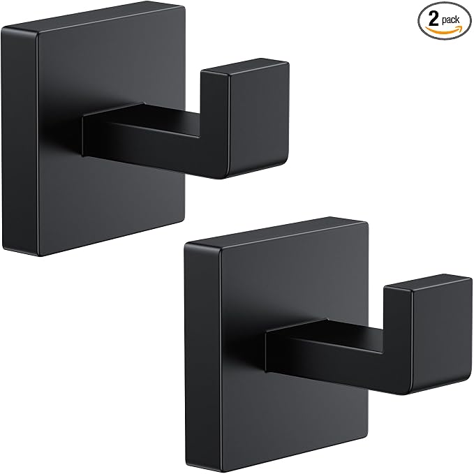 Kruodop 2 PCS Towel Hooks for Bathroom, Wall Mount Towel Holder, Black Matte Wall Robe Hook,Square Stainless Steel Door Hanger Towel Hook for Kitchen, Bedroom,Hotel,Pool,Coats