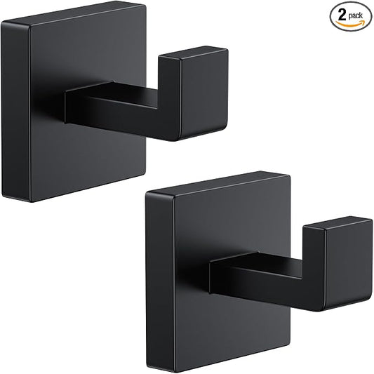 Kruodop 2 PCS Towel Hooks for Bathroom, Wall Mount Towel Holder, Black Matte Wall Robe Hook,Square Stainless Steel Door Hanger Towel Hook for Kitchen, Bedroom,Hotel,Pool,Coats