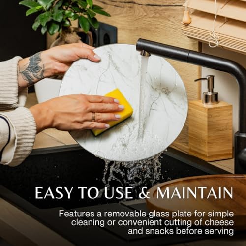 Rickby, 12" Premium Acacia Wood Lazy Susan Turntable for Table Top with Removable Marble Texture Glass Plate, Wooden Laz