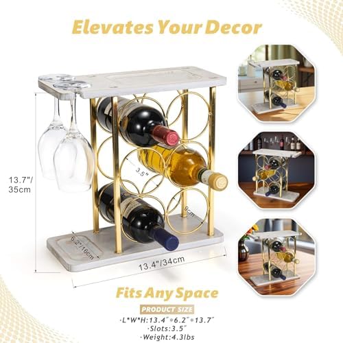Gold Wine Rack with Glass Holder, Countertop Wooden Wine Holder for 6 Bottles & 2 Glasses, Includes Storage Trays for Co