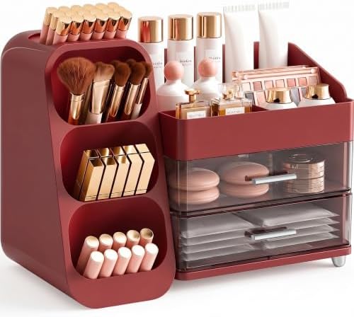 Booklov Large Makeup Organizer for Vanity Countertop, Red