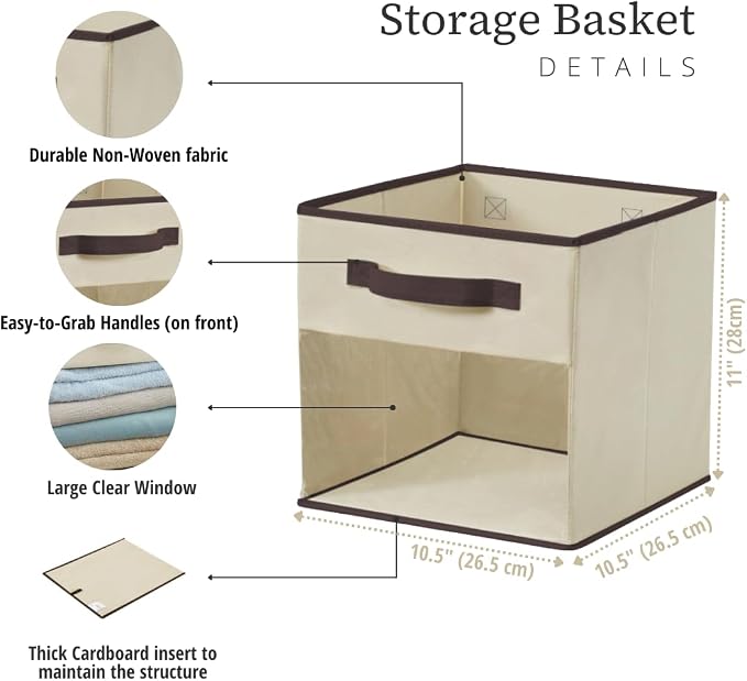 DECOMOMO Storage Bins, Cube Storage Bin with Window | 11" Cube, 6 Pack, Fabric Storage Cubes for Shelves (Beige)