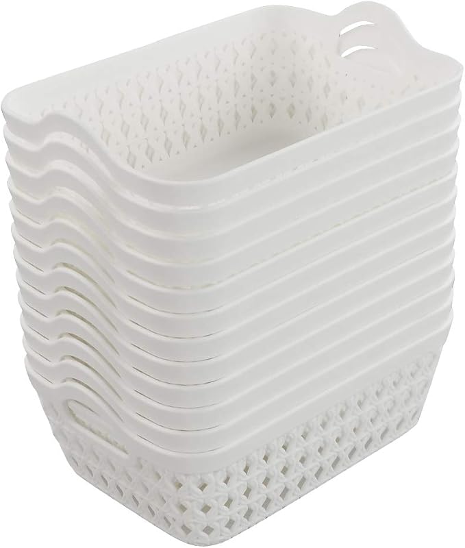 12-Pack White Plastic Woven Storage Basket Tray with Handle (Mini)