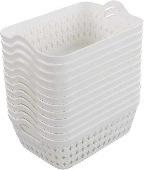 12-Pack White Plastic Woven Storage Basket Tray with Handle (Mini)