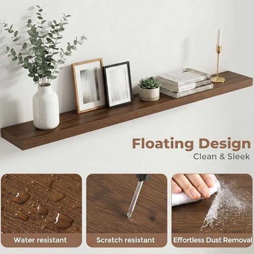 55In Floating Shelves for Wall, 6.5"D Wood Storage Shelves, Walnut Finish