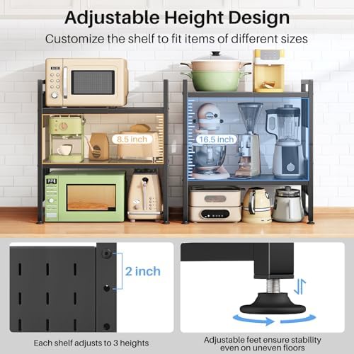 Expandable Microwave Stand, Heavy Duty 3-Tier Adjustable Microwave Oven Rack Shelf with 8 Hooks & 2 Holders, Space-savin