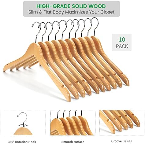 Nature Smile Solid Gugertree Wood Shirt and Dress Hangers with Notches with Anti-Rust Chrome Hook Pack of 10 (Natural)