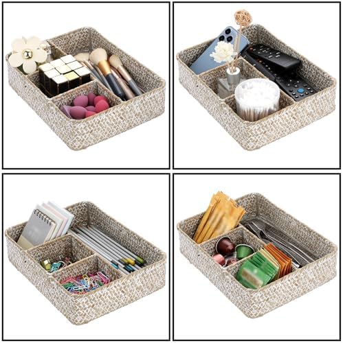 BTSKY Desk Drawer Organizer Tray, Coffee Station Organizer Tea Bag Organizer, Woven Seagrass Storage Basket with 4 Divided Sections Handwoven Wicker Basket for Shelves, Pantry, Coffee Bar (White)
