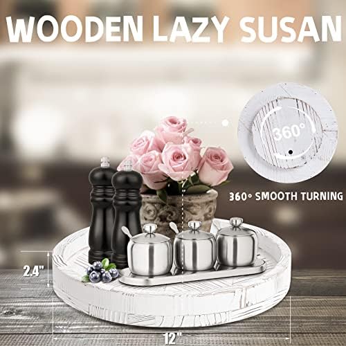 12 Inch Rustic Farmhouse Wood Lazy Susan Turntable for Table, Tomoaza White Herringbone Decorative Turntable Tray, Dinin