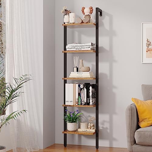 YMYNY 5 Tiers Ladder Bookcase, Industrial Wall Mounted Bookshelf, Open Display Rack with Metal Frame, Wooden Storage She