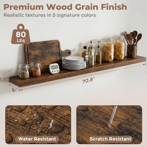 8 inch Deep Floating Shelves for Wall, 72" Wide, Rustic Brown, 2-Pack
