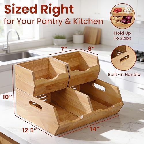 HOMESTEAD Stackable Solid Wood Storage Bins for Pantry & Countertop, Ventilated Potato and Onion Organizer with Handles,