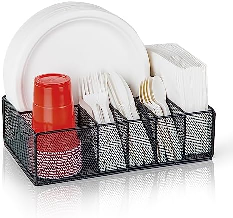 Paper Plate Organizer for Countertop, Metal Silverware Caddy for Cup, Napkin, Fork, Spoon, Paper Plate and Utensil Holde