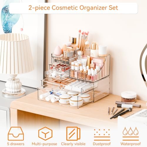 Yieach 2 Pack Clear Makeup Organizer Countertop for Dresser,Vanity and Bathroom Counter Organizer,Tiered Stackable Makeu