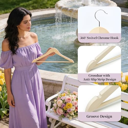 Premium Wooden Hangers 10 Pack, Solid Wood Hanger with Non Slip Pant Bar, Heavy Duty Wooden Coat Hanger, Smooth Finish Wood Clothes Hangers for Shirts, Suits, Jackets, Dress (Natural Unfinished)