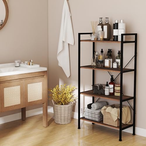 Bookshelf, 4 Tier Industrial Bookcase Storage Organizer,Walnut