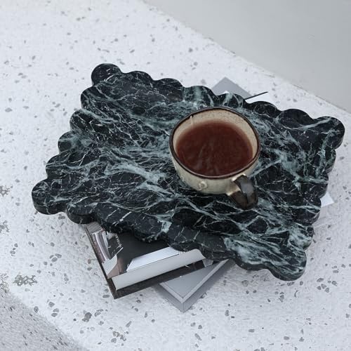 Natural Scalloped Marble Vanity Tray for Bathroom Kitchen Counter 10.8"x8"