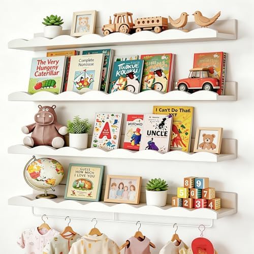 Fixwal Nursery Shelves, 24 Inch Floating Bookshelves for Wall Set of 4, Scalloped Wall Book Shelves with Towel Rack for 