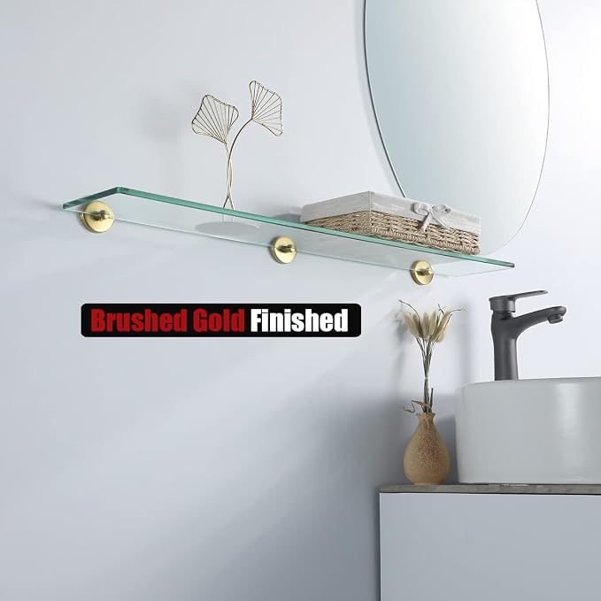 JQK Bathroom Glass Shelf Gold, Tempered Glass Shower Storage 30 by 5 inches, 304 Stainless Steel Brushed Gold Wall Mount, TGS101L30-BG