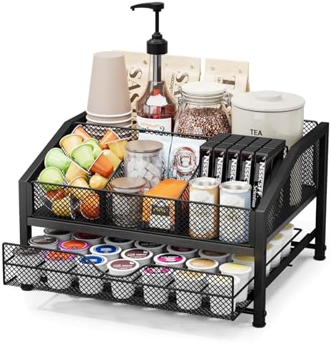 Homsorout Coffee Bar Organizer, Metal & Wood Coffee Station Holds 42 K Cup