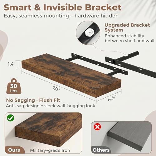 FLYJOE 20 Inch Floating Shelves for Wall Set of 2, 6.5" D Wood Grain Bathroom Shelves with Invisible Brackets, Easy Inst