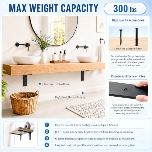 WINKER Countertop Support Bracket 2 Pack Heavy Duty 3/8" Thick Hidden L Shelf Bracket 12" x 6" x 2.5" Metal Corbels for 