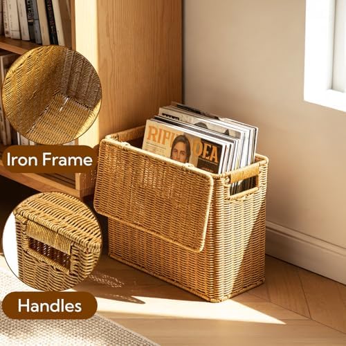 Pumtus Woven Storage Basket with Lid, 3 Gallon Decorative Plastic Organizer Box with Handle, Rectangle Narrow Tall Trash