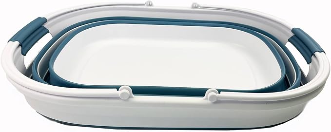 SAMMART 38L (10 Gallons) Collapsible Plastic Laundry Basket - Foldable Storage Container/Organizer - Portable Washing Tub - Space Saving Laundry Hamper (White/Adriatic Blue)
