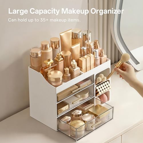 HBlife Makeup Organizer Countertop with Brush Holder, Large Bathroom Counter Organizer with Drawers, Skincare Organizers