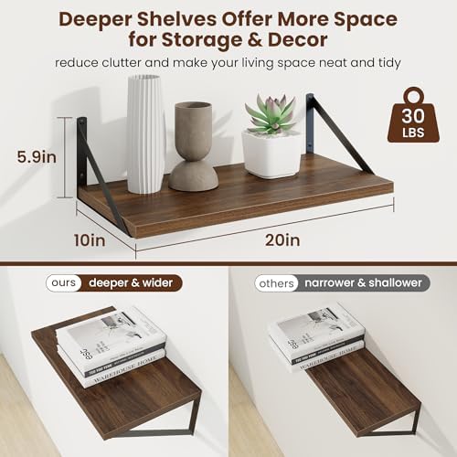 Axeman 20 Inch Floating Shelves, 10 Inch Deep Walnut Wall Shelves Set of 2