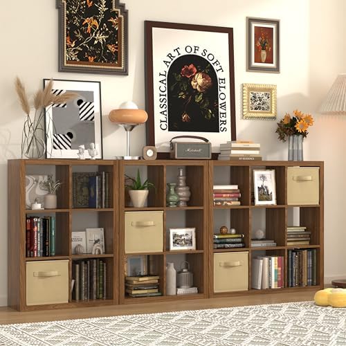 furtble Bookshelf with Storage Bins, 8-Cube Storage Organizer, Modern Wood Open Bookcase, Multifunctional Display Shelf 