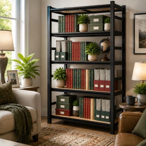 Metal Bookshelf 5 Tier Wood Shelves Steel Bookcase With Guard Rails