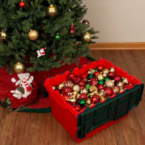 Akro-Mils KeepBox 12 Gal Storage Box, Lid Attached, Stackable, Red/Green